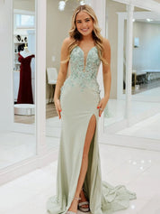 Sage Green Mermaid V Neck Appliqued Long Prom Dresses with Slit
