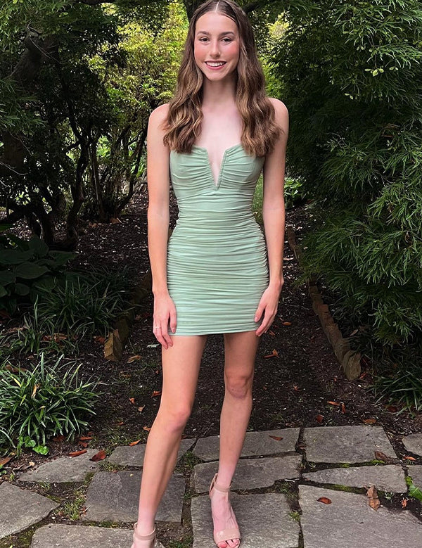 Sage Green Notched Ruched Short Homecoming Dress