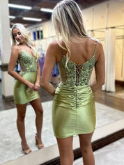 Sage Green Spaghetti Straps Short Satin Homecoming Dress With Appliques
