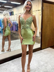 Sage Green Spaghetti Straps Short Satin Homecoming Dress With Appliques