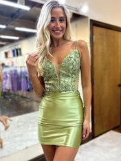 Sage Green Spaghetti Straps Short Satin Homecoming Dress With Appliques