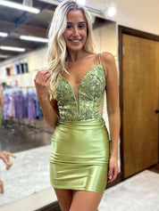 Sage Green Spaghetti Straps Short Satin Homecoming Dress With Appliques