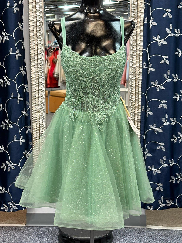 Sage Green Straps Appliques Tulle Short Homecoming Party Dress