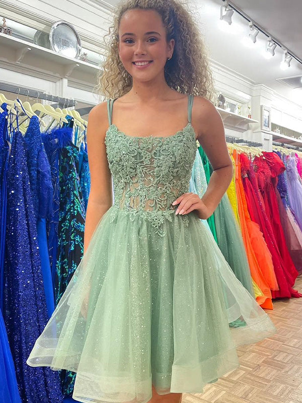 Sage Green Straps Appliques Tulle Short Homecoming Party Dress