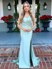 Sage Mermaid Pleats Strapless Long Prom Dress with Slit