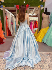 Satin A-Line Asymmetric Draped Bodice Crystal Beading Prom Dress