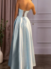 Satin A-Line Beaded Corset Long Prom Dress with High Slit
