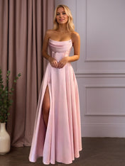 Satin A-Line Beaded Corset Long Prom Dress with High Slit