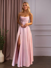Satin A-Line Beaded Corset Long Prom Dress with High Slit