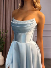 Satin A-Line Beaded Corset Long Prom Dress with High Slit