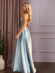 Satin A-Line Beaded Corset Long Prom Dress with High Slit