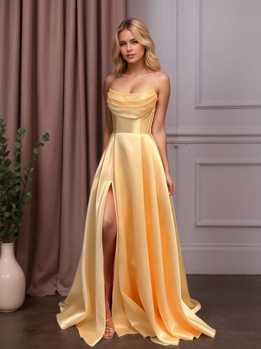Satin A-Line Beaded Corset Long Prom Dress with High Slit