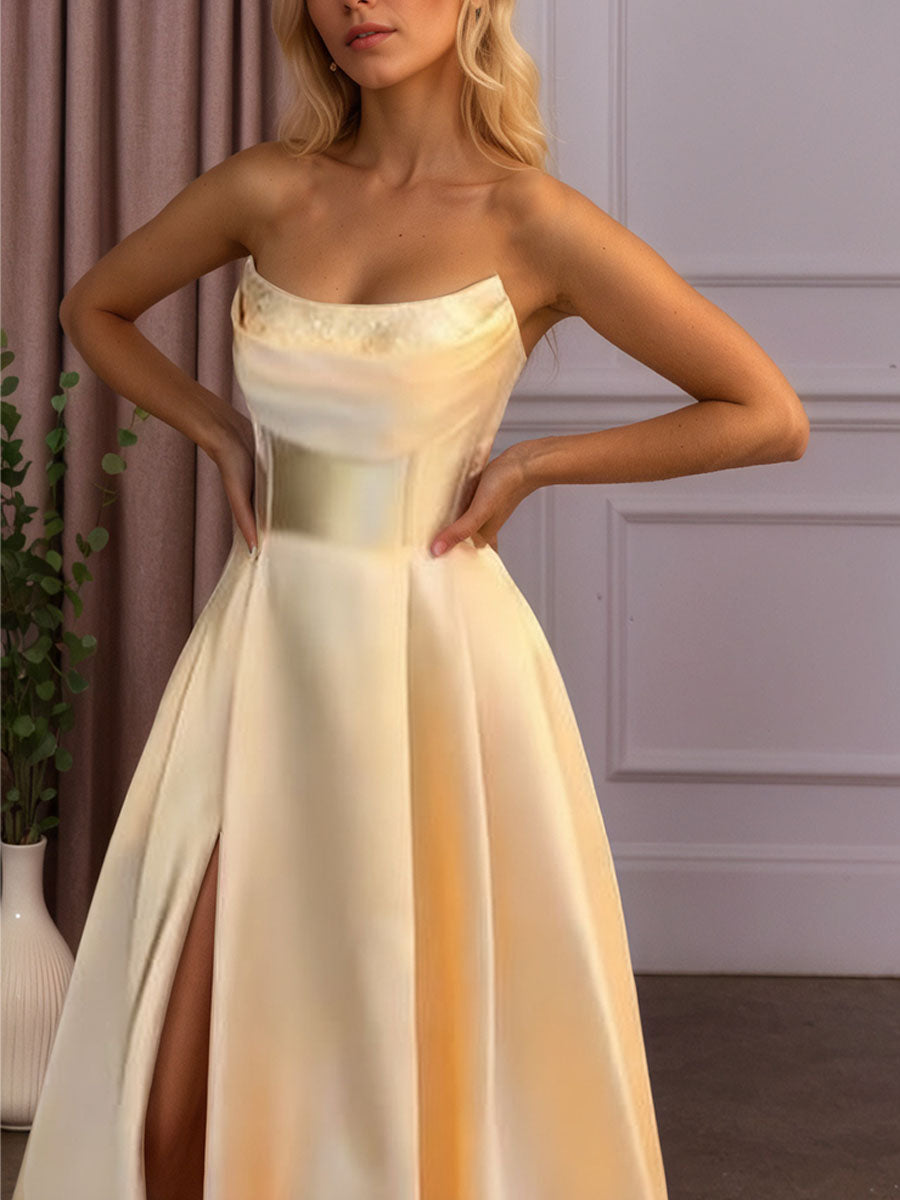 Satin A-Line Beaded Corset Long Prom Dress with High Slit