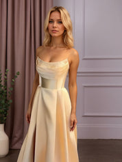 Satin A-Line Beaded Corset Long Prom Dress with High Slit