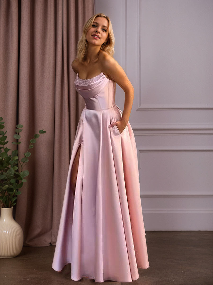 Satin A-Line Beaded Corset Long Prom Dress with High Slit