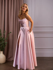Satin A-Line Beaded Corset Long Prom Dress with High Slit