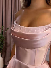 Satin A-Line Beaded Corset Long Prom Dress with High Slit