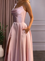 Satin A-Line Beaded Corset Long Prom Dress with High Slit