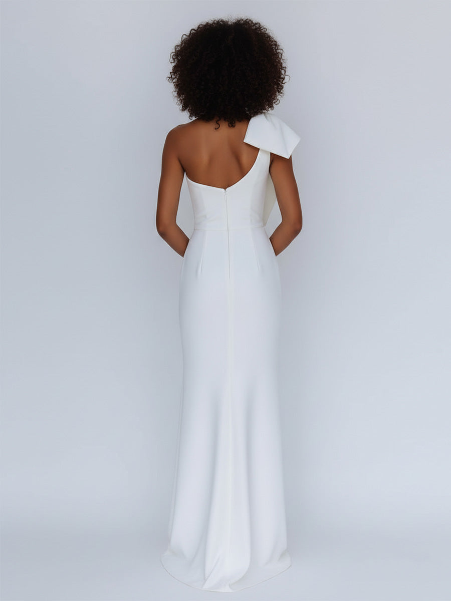 Satin One Shoulder Ruched Long Prom Dress with Bow