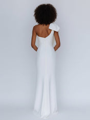 Satin One Shoulder Ruched Long Prom Dress with Bow