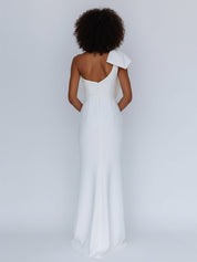 Satin One Shoulder Ruched Long Prom Dress with Bow