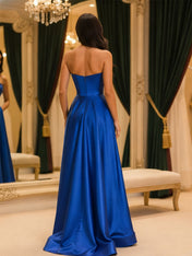 Satin Strapless Corset Bodice Prom Dress with High Slit