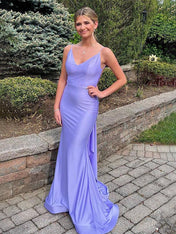 Blue Mermaid Spaghetti Straps Satin Backless Long Prom Dress