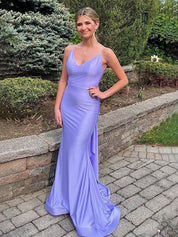 Blue Mermaid Spaghetti Straps Satin Backless Long Prom Dress