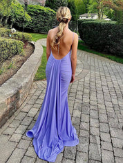 Blue Mermaid Spaghetti Straps Satin Backless Long Prom Dress