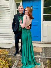 Blue Mermaid Spaghetti Straps Satin Backless Long Prom Dress