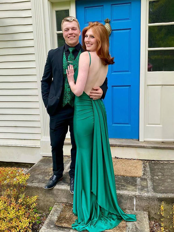 Blue Mermaid Spaghetti Straps Satin Backless Long Prom Dress