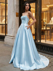 Satin A-Line Beaded Corset Long Prom Dress with High Slit
