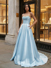 Satin A-Line Beaded Corset Long Prom Dress with High Slit