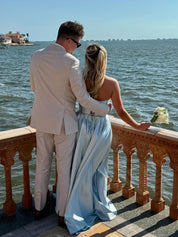 Satin A-Line Beaded Corset Prom Dress with High Slit