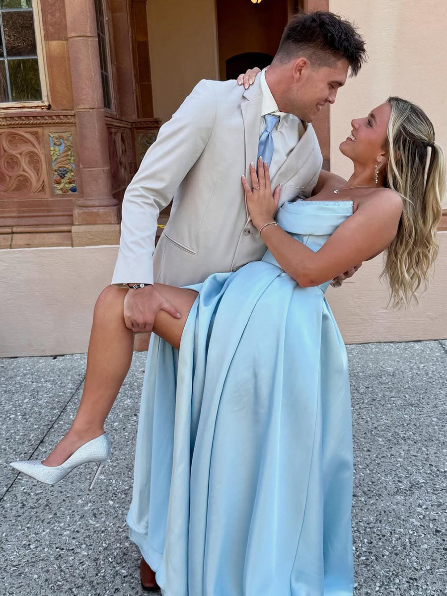 Satin A-Line Beaded Corset Prom Dress with High Slit