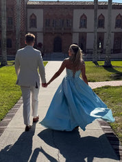 Satin A-Line Beaded Corset Prom Dress with High Slit