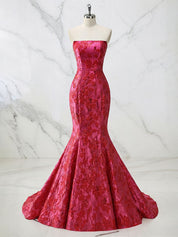 Sculpted Red Strapless Floral Brocade Mermaid Prom Dress