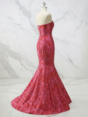 Sculpted Red Strapless Floral Brocade Mermaid Prom Dress