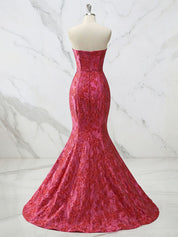 Sculpted Red Strapless Floral Brocade Mermaid Prom Dress