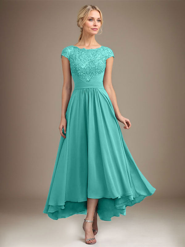 A-line Scoop Illusion Asymmetrical Lace Chiffon Mother of the Bride Dress With Pleated