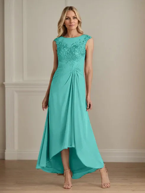 Champagne A-Line Scoop Lace Chiffon Dress