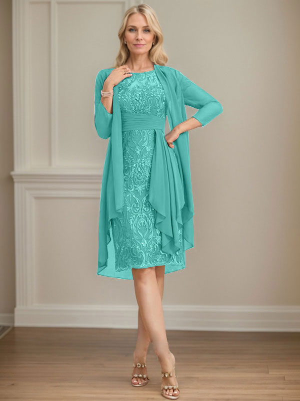 Column Scoop Illusion Knee-Length Lace Chiffon Mother of the Bride Dress With Cascading Ruffles Sequins
