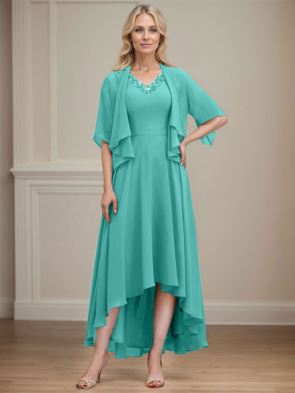A-line V-Neck Asymmetrical Chiffon Mother of the Bride Dress With Beading Sequins