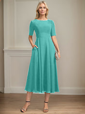 A-line Scoop Tea-Length Chiffon Mother of the Bride Dress With Appliques Lace Sequins