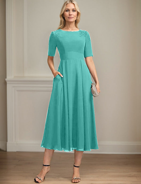 A-line Scoop Tea-Length Chiffon Mother of the Bride Dress With Appliques Lace Sequins