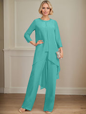 Separates Jumpsuit/Pantsuit Scoop Floor-Length Chiffon Mother of the Bride Dress With Sequins Beading