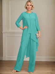 Separates Jumpsuit/Pantsuit Scoop Floor-Length Chiffon Mother of the Bride Dress With Sequins Beading