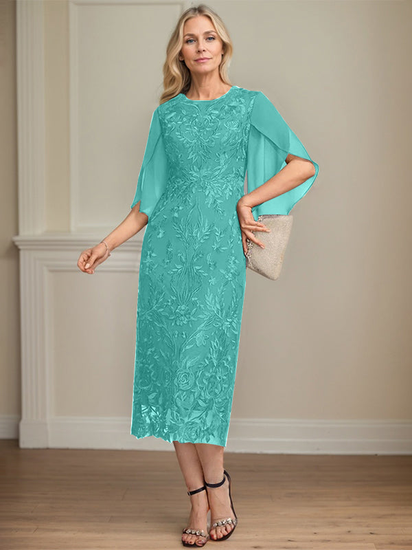 Column Scoop Tea-Length Lace Chiffon Mother of the Bride Dress