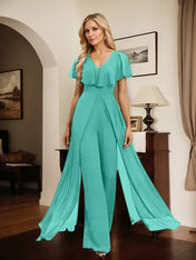 Jumpsuit/Pantsuit V-Neck Floor-Length Chiffon Evening Dress