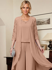 Separates Jumpsuit/Pantsuit Scoop Floor-Length Chiffon Mother of the Bride Dress with Appliques